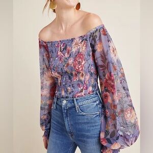 Anthropologie Floral Smocked Blouse - Size L | Romantic Puff Sheer Sleeve